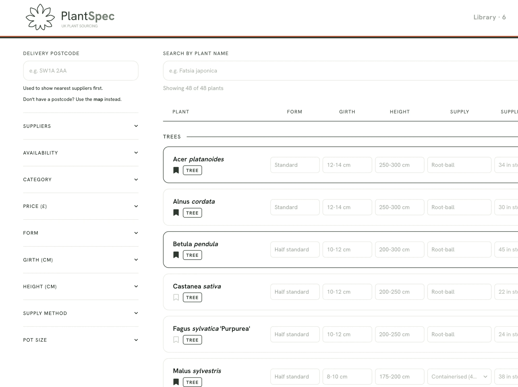 The PlantSpec marketplace, listing plants with supplier stock, specification and pricing.